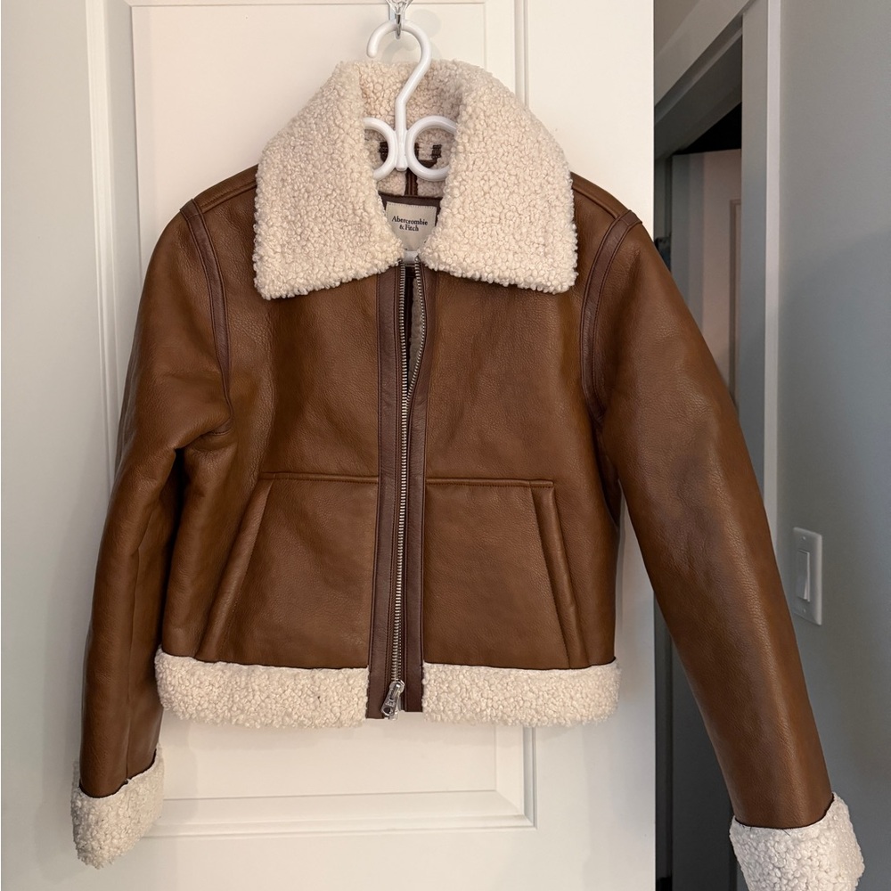 Abercrombie & Fitch Brown Leather Jacket with Cream Shearling
